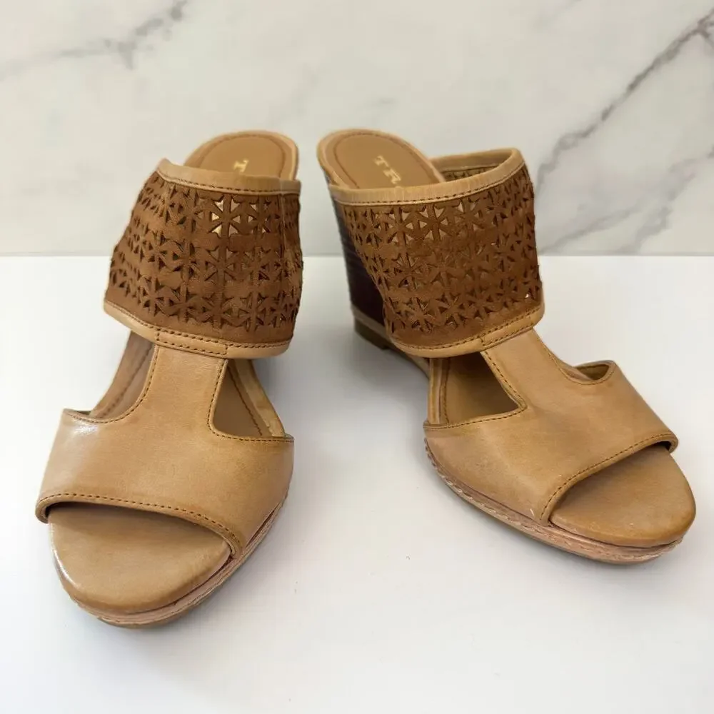 Trask Womens Payton Perforated Wedge Sandals Size 6.5 Leather Boho Minimal Tan